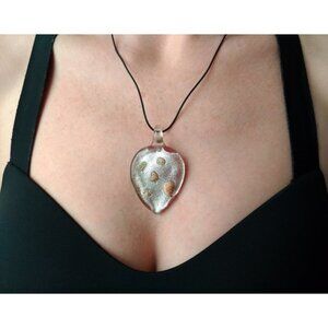 Dichroic Glass Pink Heart Leaf Oversized Pendant 2.5" Love